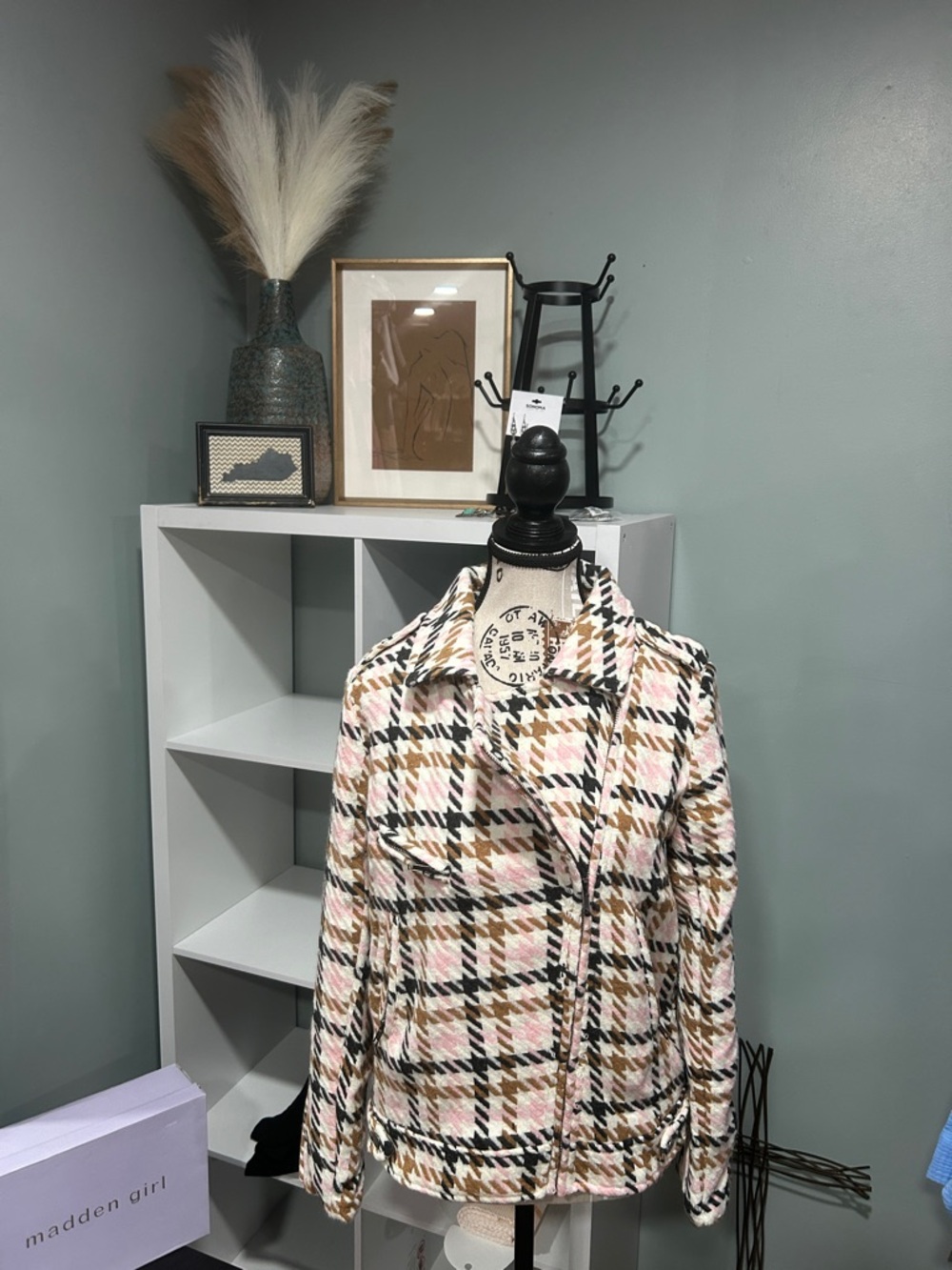 Fate Plaid Tweed Moto Jacket in Cream, Pink & Black